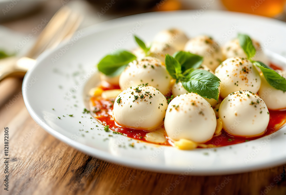 A close-up shot of a white plate with a dish of mozzarella balls