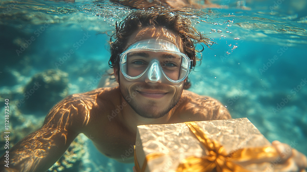Fototapeta premium man underwater holding a gift in his hand