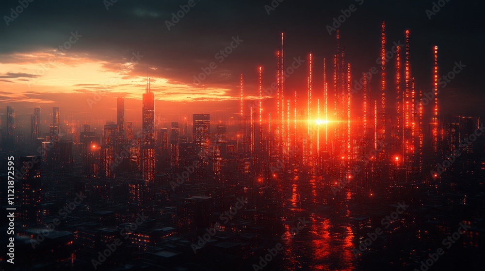 Fototapeta premium Futuristic cityscape with glowing data streams at sunset 