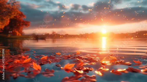 Pofessional Shot on Water during fall of some Orange Leaves Falling From a Tree on a Simple Lake During Sunset. photo