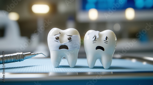 Three distressed cartoon teeth with visible cracks and bandages, sitting on a dentist's tray under a bright light, one nervously pointing at a drill in the background photo