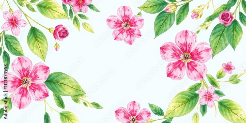 Obraz premium Pink flowers and green leaves painted in watercolor on light blue background with copy space, nature, background, floral