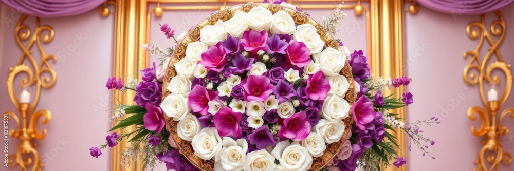 Purple and white flower arrangement with gold center, circular layout, elegant, floral decoration, wedding centerpiece, festive, ornate, luxury, vibrant, celebration, luxury, flowers, elegant Purple and white flower arrangement with gold center, circular layout, elegant, floral decoration, wedding centerpiece, festive, ornate, luxury, vibrant, celebration, luxury, flowers, elegant