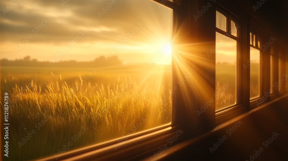 A serene sunset view through a window, casting warm light on golden wheat fields, This image can enhance websites, articles, or advertising focused on nature, tranquility, or home ambiance, A serene sunset view through a window, casting warm light on golden wheat fields, This image can enhance websites, articles, or advertising focused on nature, tranquility, or home ambiance,