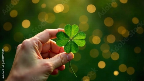 Saint Patrick's Day background with A hand holding a green leaf that looks like a four leaf clover photo