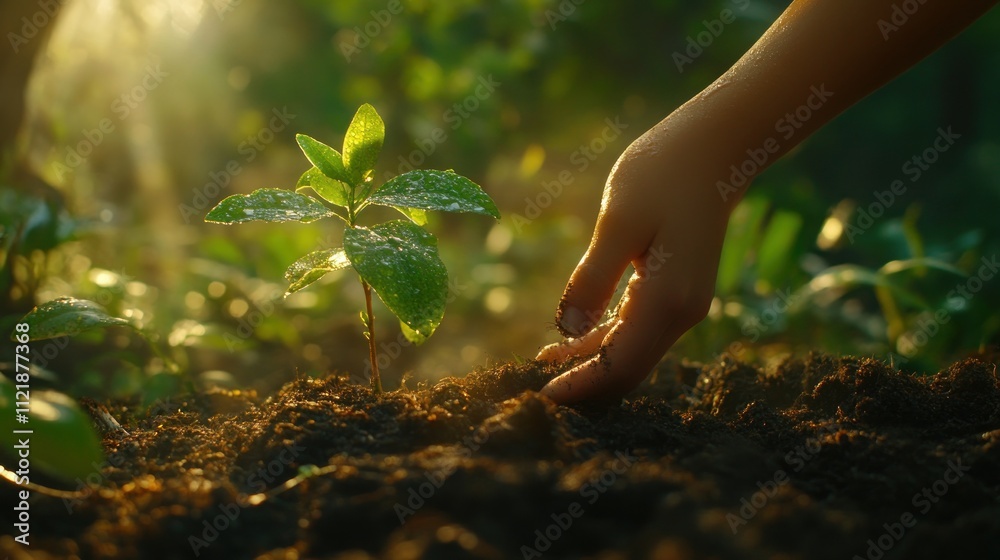 Fototapeta premium Gentle Hand Nurturing a New Sprout: A Symbol of Growth and Hope in the Heart of Nature
