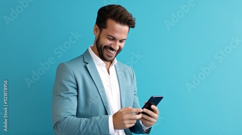 Smiling businessman using smartphone to enjoy communication with friends against a blue background – engaging moments in a professional setting