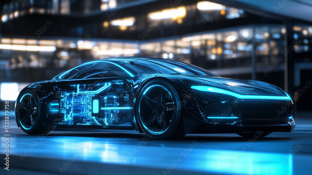 A futuristic design of an electric vehicle with a cutaway showing the battery modules, cooling system, and regenerative energy pathways glowing in blue and green hues A futuristic design of an electric vehicle with a cutaway showing the battery modules, cooling system, and regenerative energy pathways glowing in blue and green hues