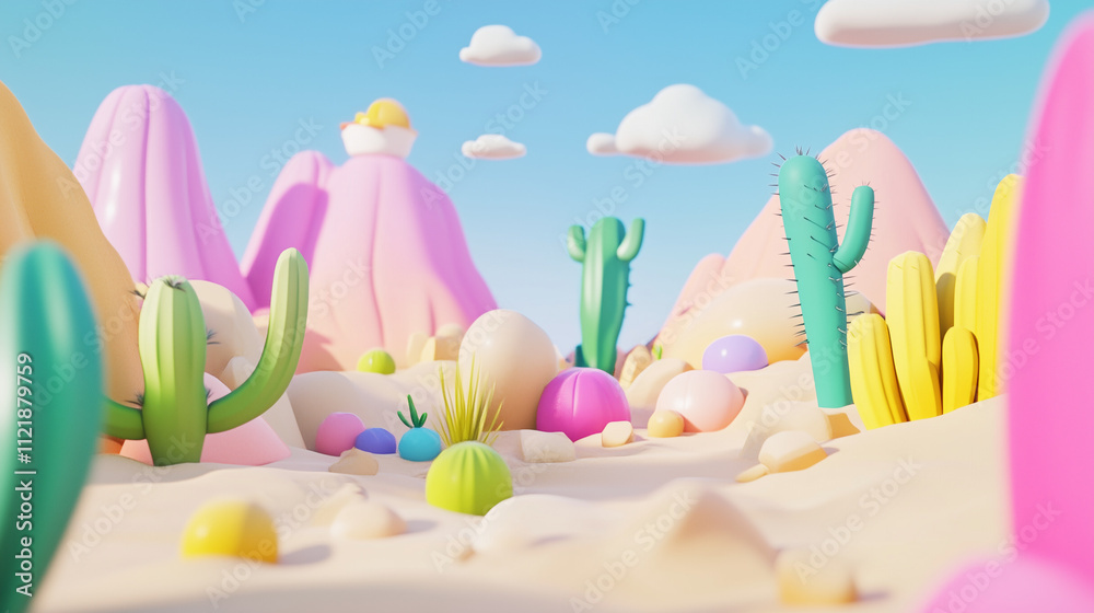 Playful Pastel Desert Scene with Cactus and Unique Colorful Features Playful Pastel Desert Scene with Cactus and Unique Colorful Features