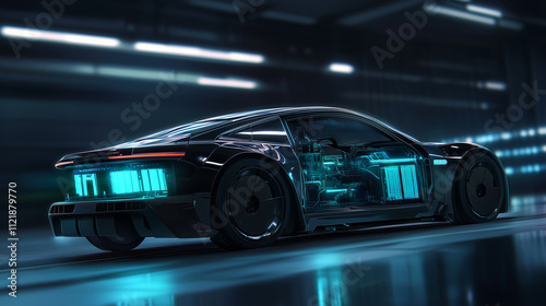 A futuristic design of an electric vehicle with a cutaway showing the battery modules, cooling system, and regenerative energy pathways glowing in blue and green hues
