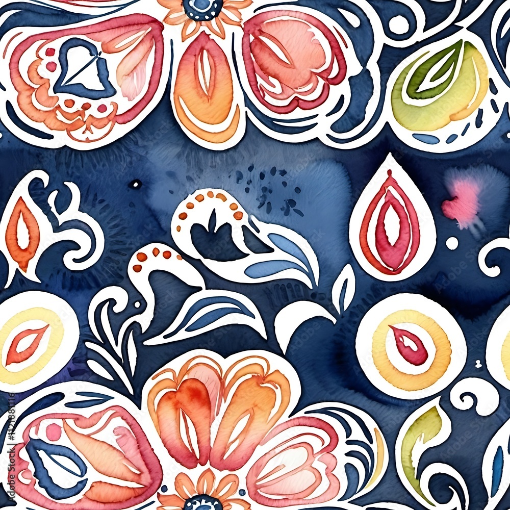 Fototapeta premium Floral Watercolor Seamless Pattern: A vibrant and intricate watercolor pattern on a navy blue background, featuring blooming flowers, delicate leaves, and abstract shapes.
