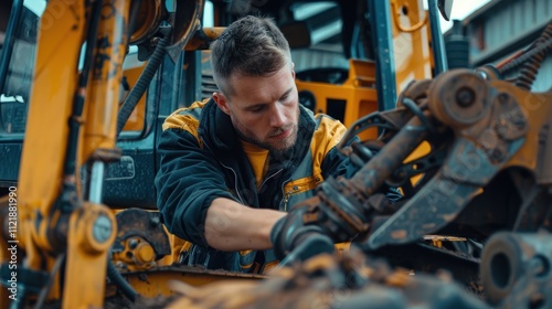 A mechanic working on a hydraulic excavator, ensuring itâ€™s functioning correctly for construction use