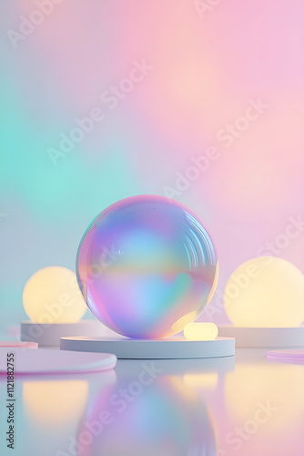 iridescent sphere, colorful, soft background, reflections, serene concept, bright pastel colors, light play, minimalistic design, modern art, tranquility, smooth texture
