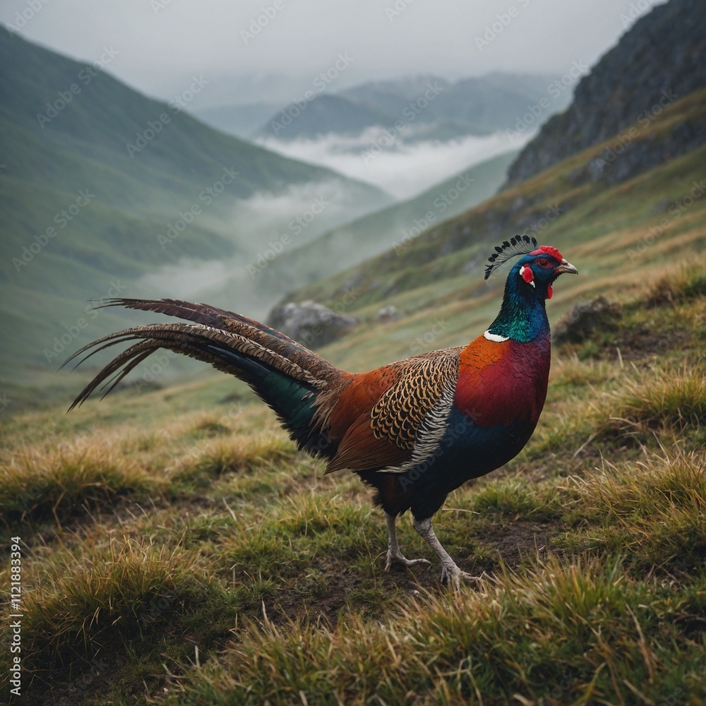 Fototapeta premium A colorful pheasant walking through a misty mountain valley.
