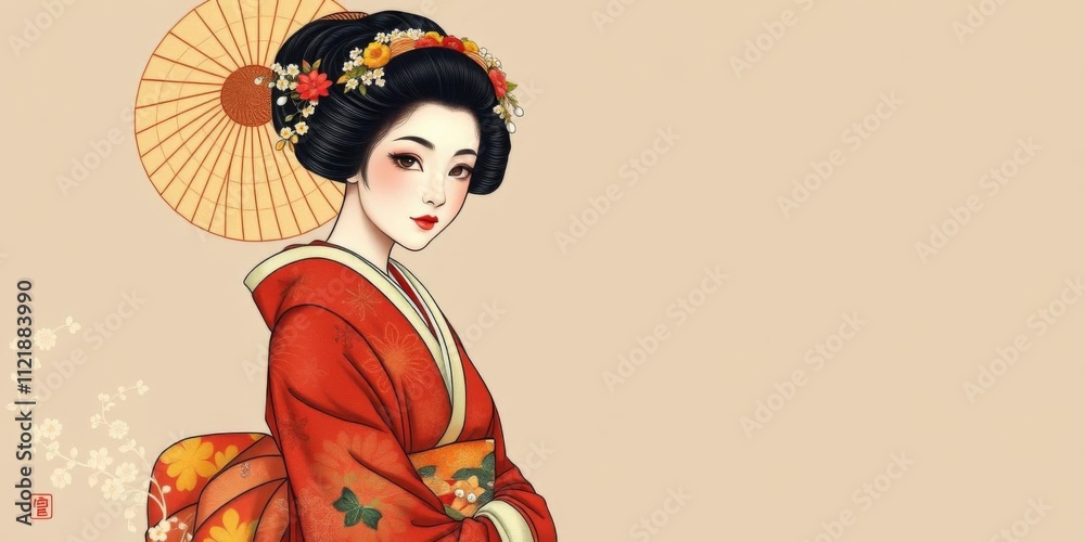 Traditional Japanese painting of a noble woman in an elegant kimono during the Edo period, elegance, culture, illustration Traditional Japanese painting of a noble woman in an elegant kimono during the Edo period, elegance, culture, illustration