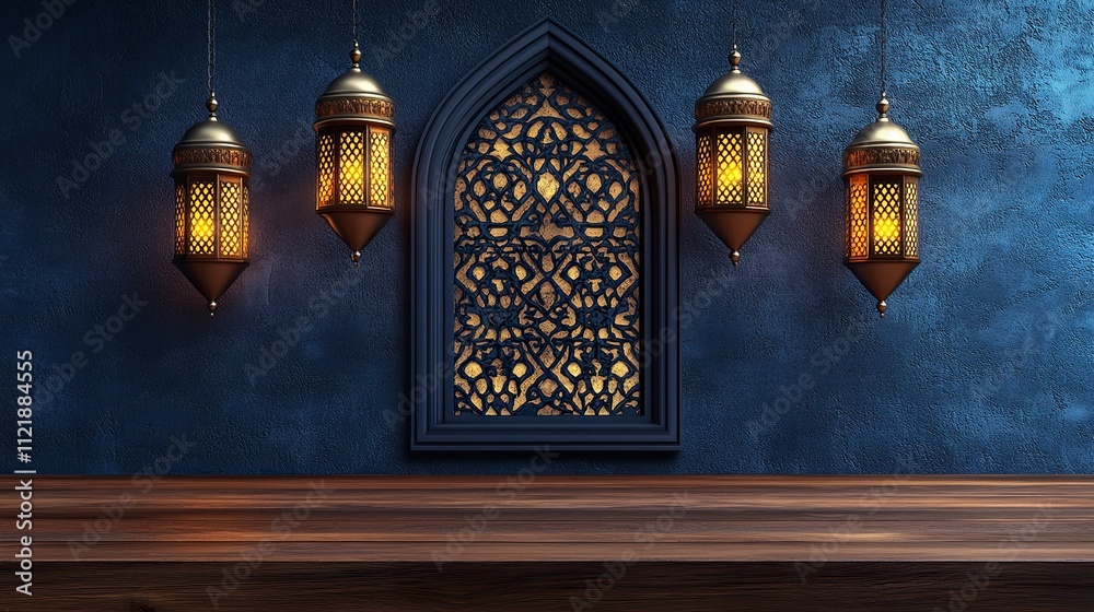 Fototapeta premium Ramadan Kareem background. Mosque window with hanging lanterns and wooden table. Copy space for text.