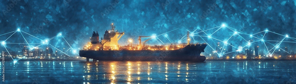 Fototapeta premium A cargo ship illuminated at night, surrounded by interconnected networks and city lights.