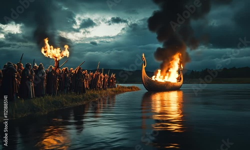 Vikings Funeral Ship Burning Ceremony at Twilight