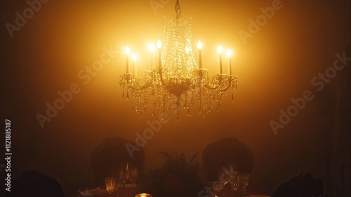 Silhouette of Elegant Holiday Chandelier and Decor, Elegant Christmas Living RoomChristmas day, New Year's Eve, Happy New Year 
 photo