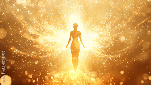 Golden goddess aura - white female silhouette figure with golden glow and delicate multi layered golden multi layered auric field. Auric. Illustration photo