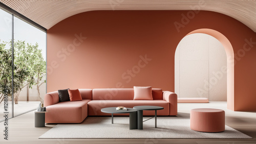 Modern living room with coral and terracotta tones