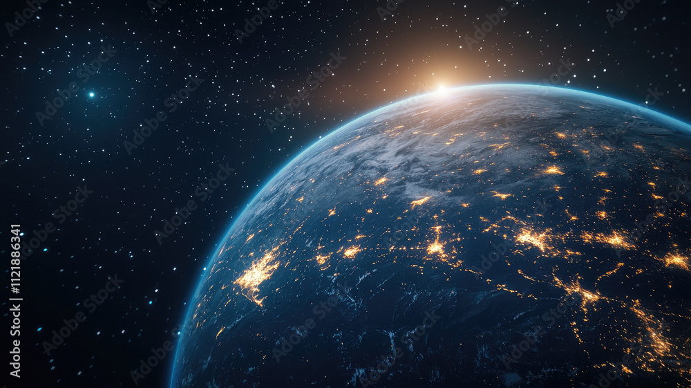 Obraz premium Earth from space with city lights glowing under starry sky
