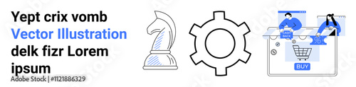 Gear cog, chess knight highlight strategy and engineering, online shopping with buy button Placeholder text. Ideal for business strategy, engineering, e-commerce, tech tutorials, infographics