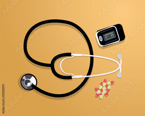 isolated medical objects, vector illustration of stethoscope, health bag, blood pressure monitor, oximeter, thermometer and medicine pills