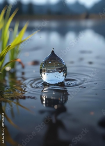 Tiny droplet hits the surface of a lake on a windless day, harmless, lake, gentle