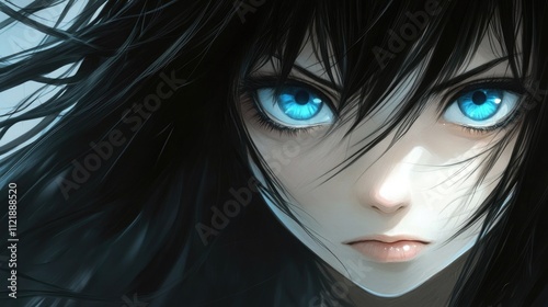 Anime Girl with Blue Eyes and Long Black Hair Looking at the Camera