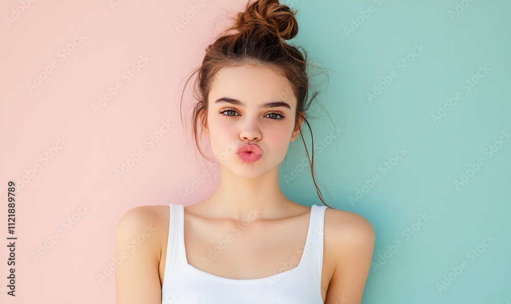 A young woman poses playfully against a pastel background. A young woman poses playfully against a pastel background.