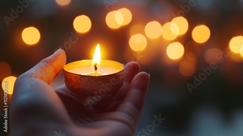 Illuminated Hanukkah Celebration: Person Holding Glowing Candle Near Decorated Menorah With Festive Reflections photo