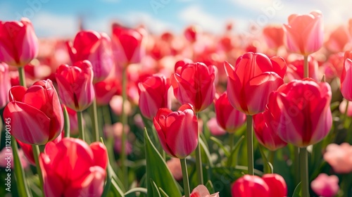 A photo of a tulip field in spring