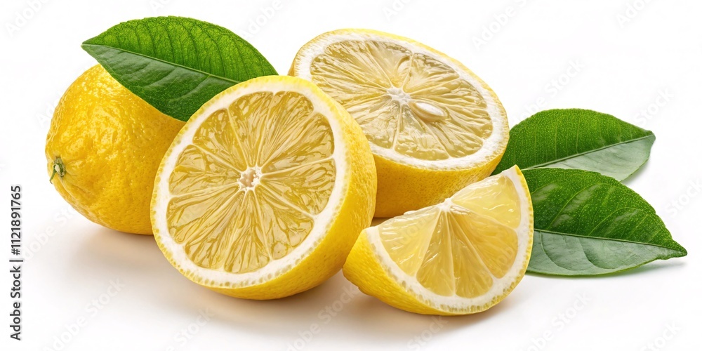 Fototapeta premium Fresh Lemon Slices with Green Leaves, High Detail, Vibrant Yellow V2