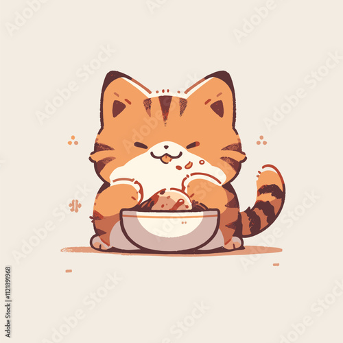 Cute Cartoon Cat Enjoying Its Meal with Delightful Expressions. Cute Cat Vector.