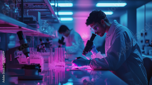 A scientist meticulously examines a sample under a microscope in a vibrant, technologically advanced laboratory setting. The scene is filled with a sense of scientific discovery and innovation. photo