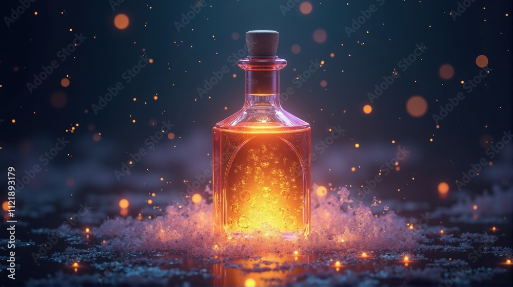 Magic potion glowing inside glass bottle surrounded by sparkling snow at night