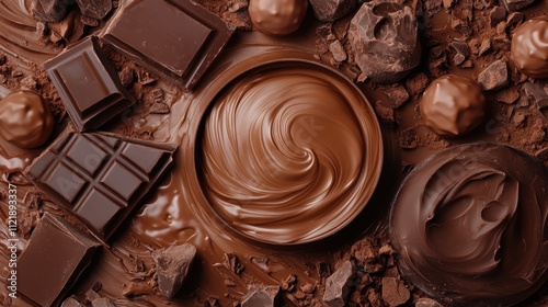 Assortment of dark chocolate bars, truffles, and melted chocolate in an artistic composition