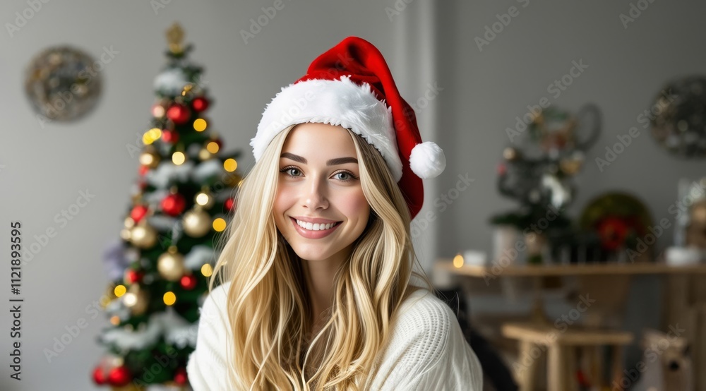 Young woman wearing a Santa hat, holding a Christmas present. Concept of the New Year and Christmas. Happy young woman in santa claus hat over Christmas tree at home. Young woman wearing a Santa hat, holding a Christmas present. Concept of the New Year and Christmas. Happy young woman in santa claus hat over Christmas tree at home.
