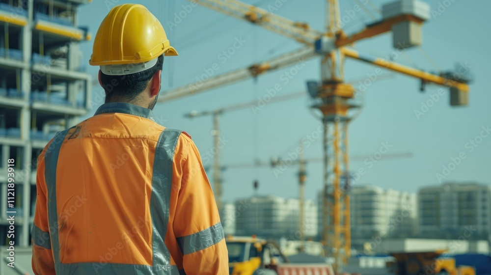 A technician performing maintenance on a crane, with a construction site backdrop A technician performing maintenance on a crane, with a construction site backdrop