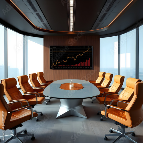 Boardroom Strategy Session Sleek, modern boardroom with tan leather chairs surrounding a unique table, showcasing a large screen displaying an upward trending stock market graph.