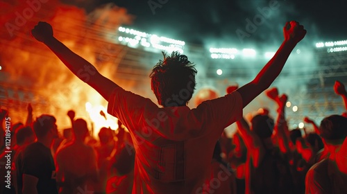 Excited football fans cheering passionately at a stadium during a night match, symbolizing unity, energy, and love for the game.  photo