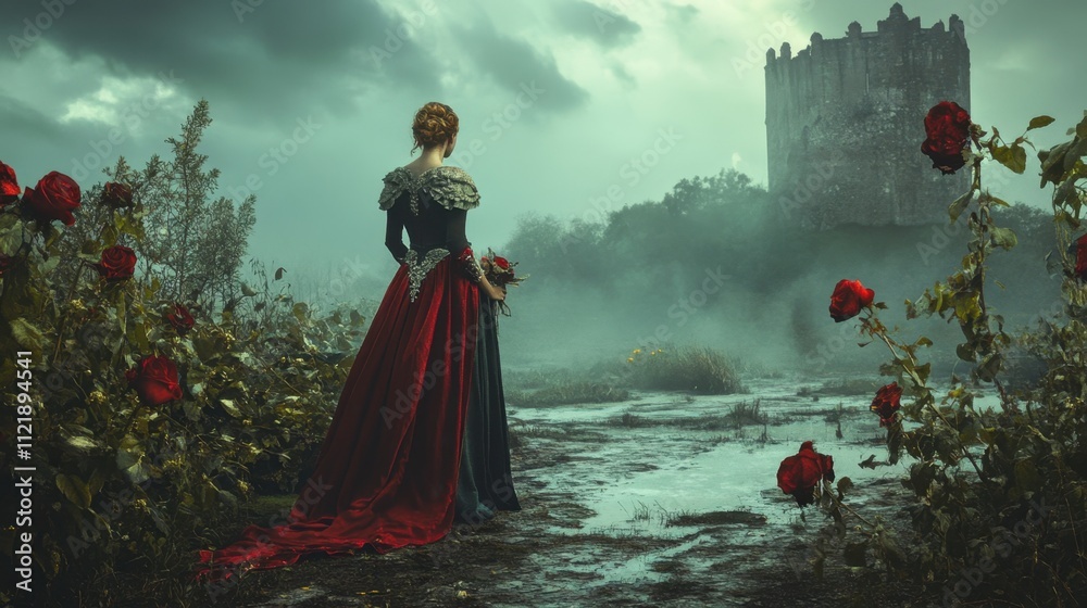 Fototapeta premium Back view of a woman in an elegant red gown standing in a misty field with red roses and a castle in the distance