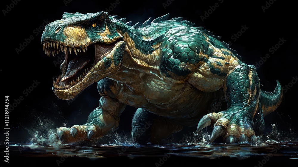A fierce, dragon-like creature emerging from water A fierce, dragon-like creature emerging from water