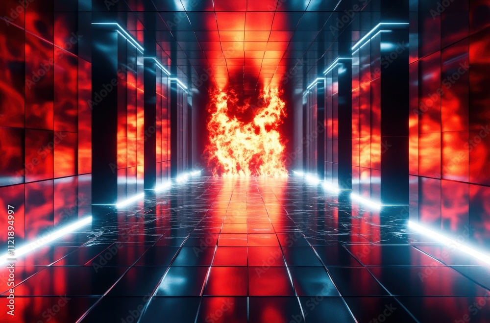 Fototapeta premium A studio room setting illuminated by soft red fire flames.