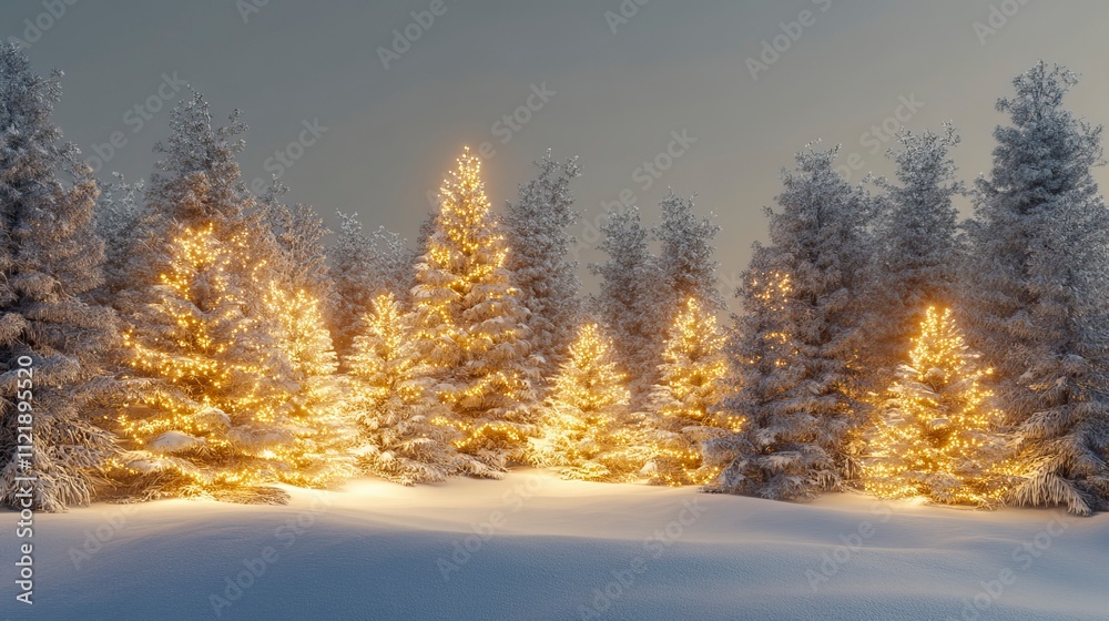 Fototapeta premium Snowy Pine Trees with Twinkling Christmas Lights Snowy Winter Wonderland, Snowy Winter Wonderland 