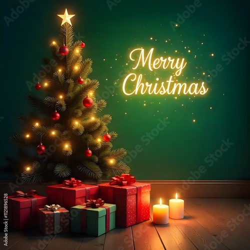 Christmas Banner with Christmas Lights Background Illustration. Merry Christmas Lettering. Trendy Festive illustration with Christmas Light Decoration.