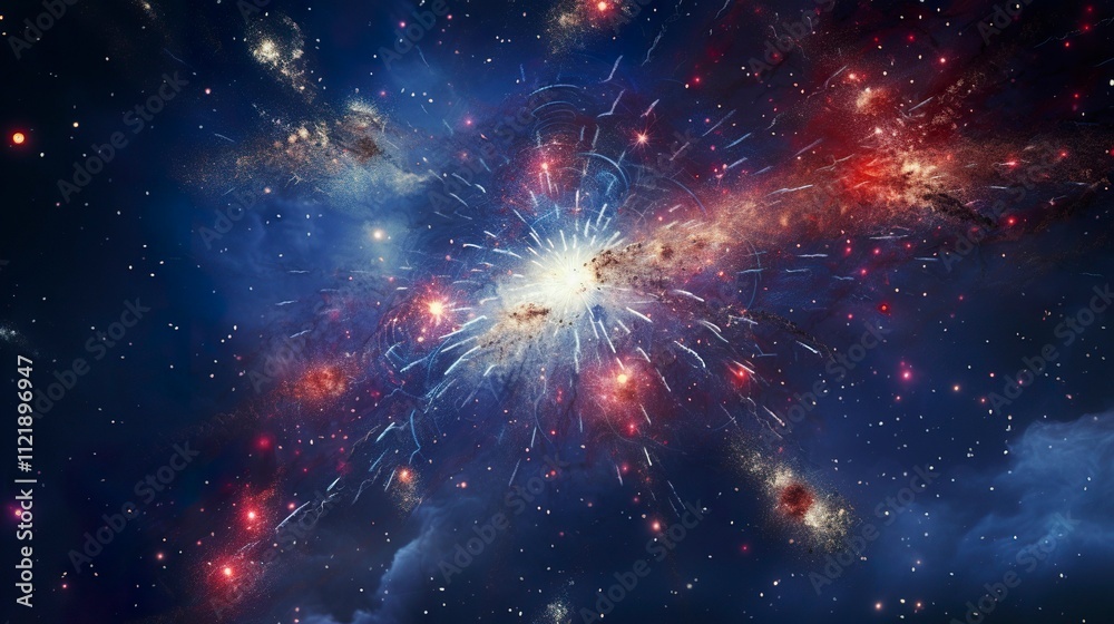 A photo of a spiral galaxy with fireworks