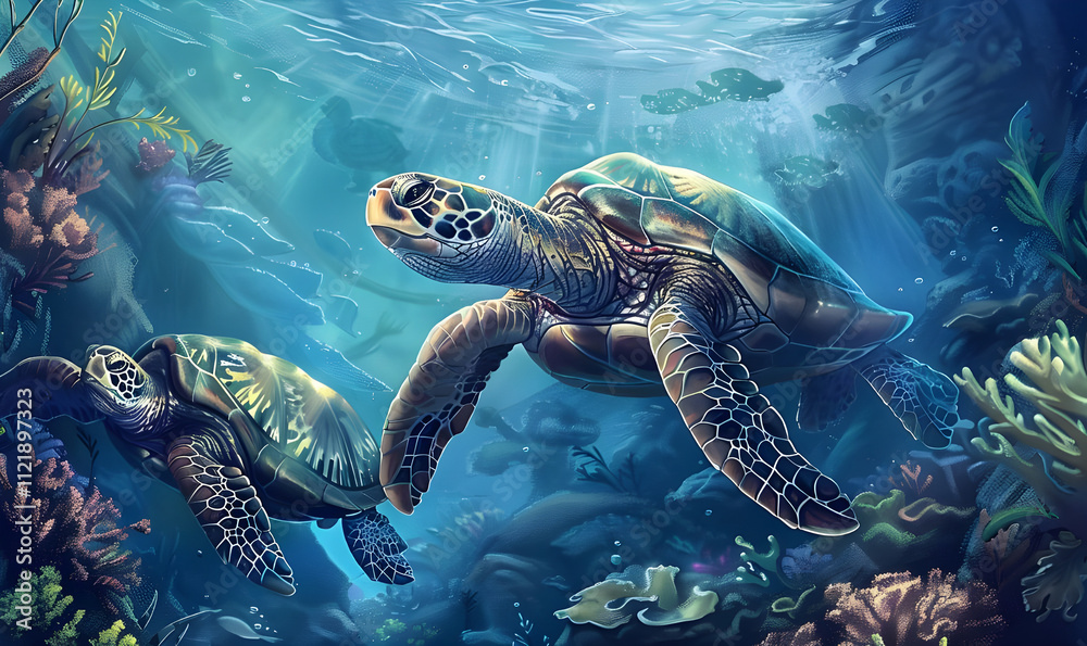 Obraz premium Two sea turtles swimming in vibrant coral reef.