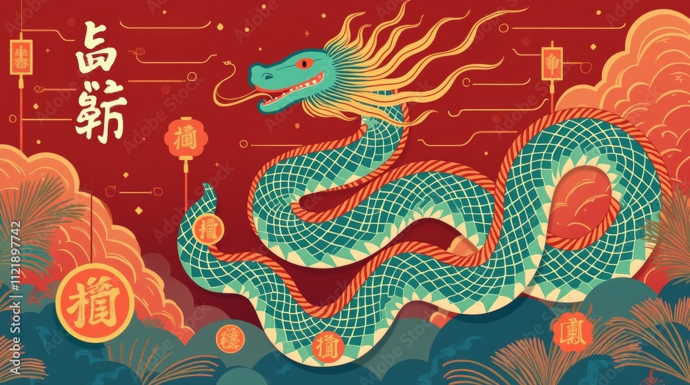 Obraz premium A vibrant illustration celebrating the Year of the Snake, featuring a beautifully designed snake entwined with traditional Chinese symbols, such as lanterns and coins, representing prosperity and good